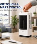 Portable Mini Personal Air Conditioner With Remote, 3 In 1 Evaporative Cooler, shown on desk with dimensions and features