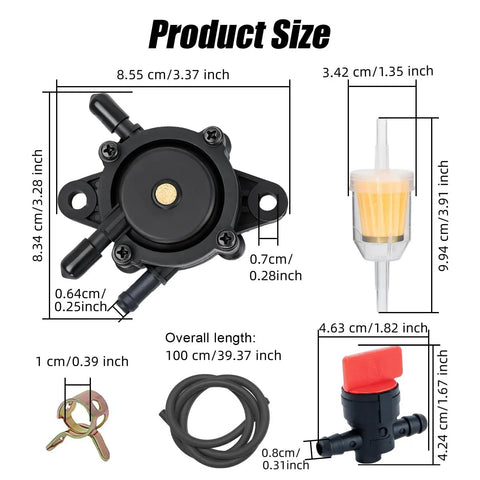 Product size dimensions for Full Throttle Fuel Pump Kit With Filter And Hose For Kohler Briggs Stratton Kawasaki Yamaha Lawn Mower Tractor.
