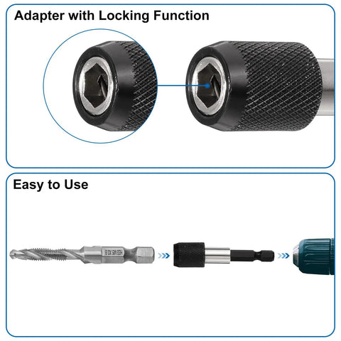 Combination Drill And Tap Bit Set For SAE And Metric Threads With Quick Change Adapter Covers SAE Six Thirty Two NC To One Quarter Twenty NC And Metric M Three To M Ten Pro Grade For Through And Blind Holes DIY Friendly For Any Job locking adapter close-up