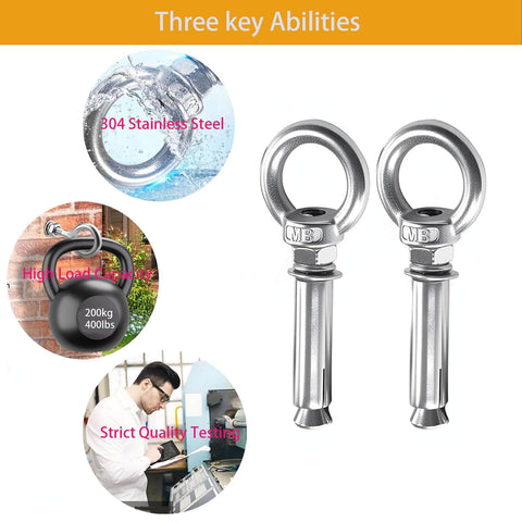 Five Pack Heavy Duty Shoulder Eye Bolts For Concrete And Brick Walls Stainless Steel 304 Expansion Anchors With Nut Eye Rings M8x70mm Rustproof Load Bearing Hardware For Masonry Indoor Outdoor Anchor Points visible with diagrams showing 304 stainless steel, 200kg load capacity, and quality testing.