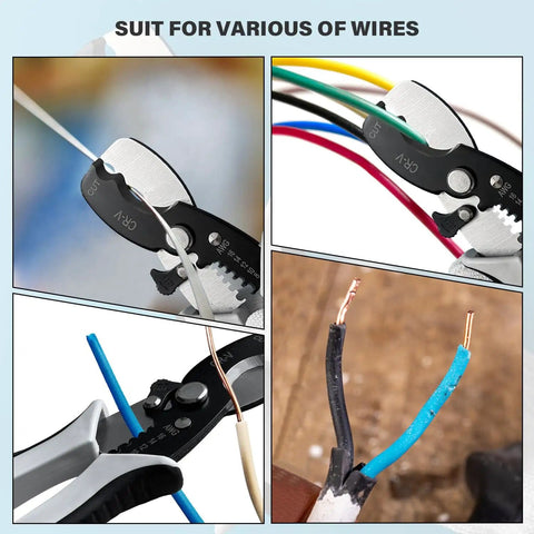 Pro Grade All In One Wire Cutters And Stripper For Pros cutting various wires, 8 inch heavy duty with spring loaded handles, dual blades.
