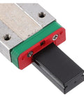 Close-up of Rock Solid Metal Linear Motion Guide Slider Mgn12h Miniature Ball Bearing Block with black slider.