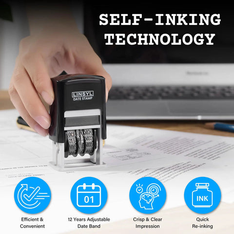 Pro Level Self Inking Date Stamp With Built In Black Ink Reservoir And Quick Twirl 12 Year Calendar Knob in use on paperwork.