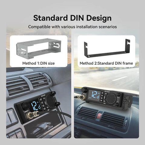 Long Range DIN Mount CB Radio Kit With NRC Noise Canceling Technology Front Facing Speaker installation options