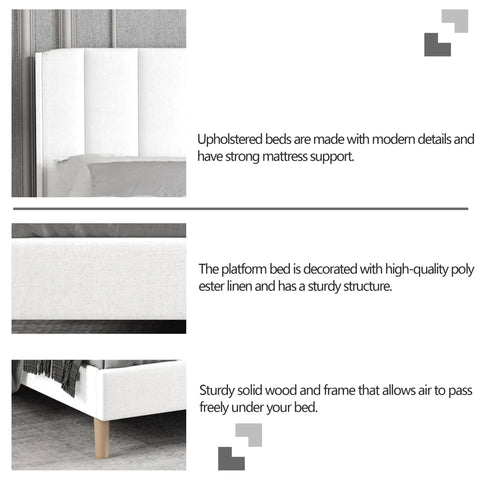 Upholstered headboard and solid wood frame of Modern White Full Size Bed Frame With Linen Upholstered Channel Tufted Headboard Lowkey Stunning Platform Bed Straight Up Cozy Wingback Design Easy Peasy Assembly Built To Last.