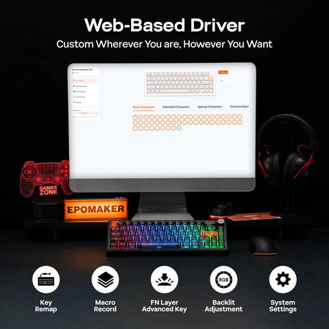 Wireless Mechanical Gaming Keyboard With Rotary Dial Knob And 8000mAh Battery showcasing web-based driver settings on computer screen.