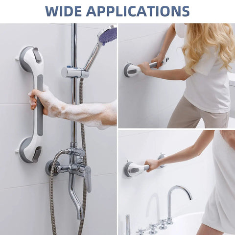 Wide view of Smooth Operator Suction Shower Grab Bars For Bathtub Safety 2 Pack Strong Grip Handles No Drill Quick Install For Elderly Non Slip Bathroom Handrails Stays Firm Gray 16.8 Inch in use.