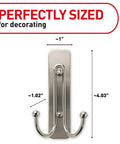 Large Satin Brass Double Hooks With Adhesive Strips, Damage Free Wall Hangers That Hold Up To 4 Pounds Per Hook, dimensions shown