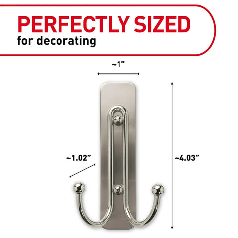 Large Satin Brass Double Hooks With Adhesive Strips, Damage Free Wall Hangers That Hold Up To 4 Pounds Per Hook, dimensions shown