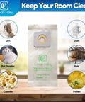 Vacuum bag with symbols of dirt, dust, pet dander, hair, crumbs, and pollen, labeled for Bissell style 1/7 fitting.