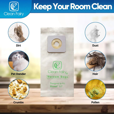 Vacuum bag with symbols of dirt, dust, pet dander, hair, crumbs, and pollen, labeled for Bissell style 1/7 fitting.