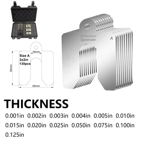 Pro Grade 130-Piece Size A 2x2 Slotted Shim Stock Kit With Storage Case 304 Stainless Steel Shims detailed view and dimensions