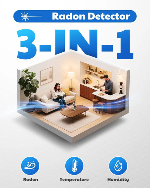 No Sweat Portable Radon Detector For House And Basement Air Testing Rechargeable 3 In 1 Indoor Meter used in living room.