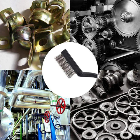 Collage with 30 Piece Mini Stainless Steel Wire Brush Set With Curved Handle Masonry Scrubbers For Welding Slag Rust Removal And Detail Cleaning In Tight Corners And Edges Durable Bristle Heads For Heavy Duty Deburring And Surface Prep in center, surrounded by metal gears, pipes, and hardware components.