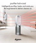 Hot And Cool HP07 Air Purifier With Heater And Fan in living room, emitting red air streams, large white and silver design