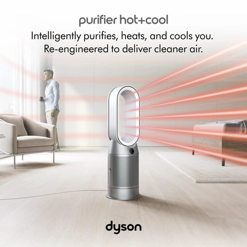 Hot And Cool HP07 Air Purifier With Heater And Fan in living room, emitting red air streams, large white and silver design