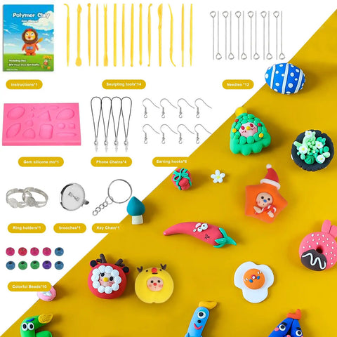 Polymer Clay Starter Kit With 60 Colors For Kids And Artists, Non Sticky Oven Bake Modeling Clay With tools and molds displayed.