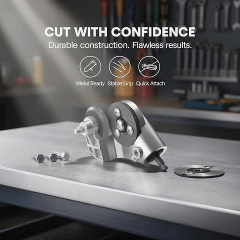 Heavy Duty Drill Nibbler Metal Cutter Attachment For Sheet Metal Cutting Tool Converter With Titanium Steel Gears shown on stainless steel surface.