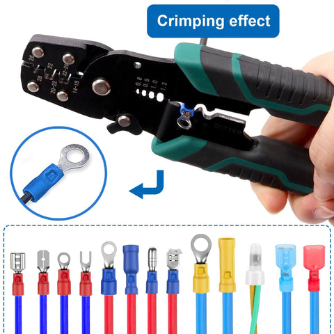 All In One Green Wire Crimping Tool For Insulated Bare And Heat Shrink Connectors 22 To 10 AWG Wire Stripping Crimping Cutting Pliers