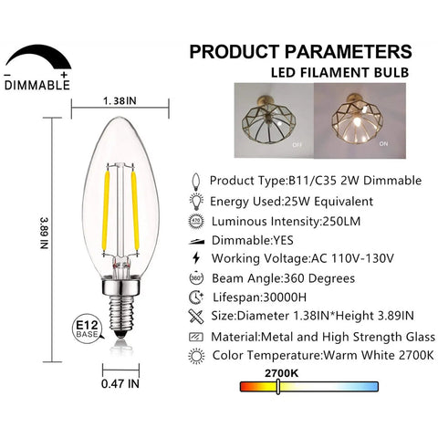2W LED Candelabra Bulb That Gives Vintage Filament Vibe 25W Equivalent E12 Dimmable Clear Glass Warm White 2700K B11 Size