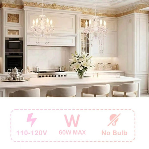 Plug-In 4-Light Pink And White Acrylic Crystal Chandelier For Girls Bedroom Playroom Or Nursery With Kid-Friendly Cozy Glow No Hardwire 20ft Cord Easy Install Hanging Ceiling Light in elegant kitchen setting with two chandeliers.