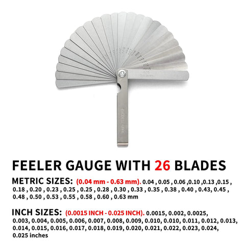 Front view of a stainless steel feeler gauge with a 26-blade fan on a hinged handle; metric and imperial scales.