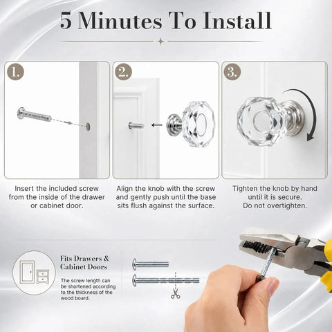 Installation instructions for 30 Pack Sparkling Clear Glass Cabinet Knobs 1 1/4 Inch Silver Polygon Drawer Pulls.