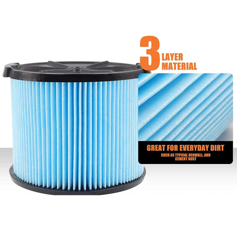Replacement Filter For 3 To 4 And A Half Gallon Wet Dry Vacuums 3 Layer Pleated Design Washable Reusable for Dust