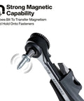 Slim Magnetic Mini Ratchet Set With 90-Tooth Gear For Tight Spaces demonstrating magnetic bit transfer holding screw by Klein Tools