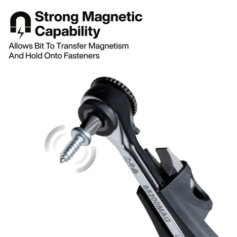 Slim Magnetic Mini Ratchet Set With 90-Tooth Gear For Tight Spaces demonstrating magnetic bit transfer holding screw by Klein Tools