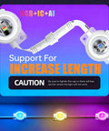 Close-up of RGB connectors with text emphasizing length increase, featuring 120ft Outdoor String Lights 2 Pack 60ft Each, Waterproof Shatterproof 62 LED Bulbs.