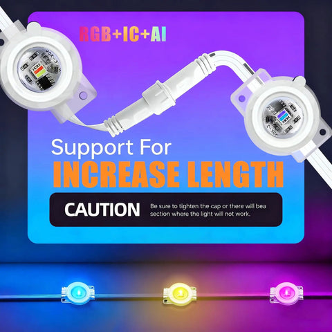 Close-up of RGB connectors with text emphasizing length increase, featuring 120ft Outdoor String Lights 2 Pack 60ft Each, Waterproof Shatterproof 62 LED Bulbs.