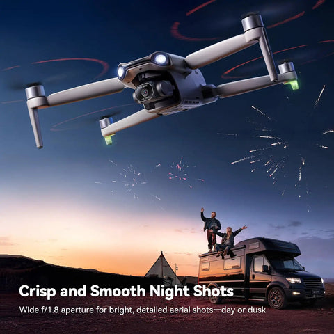 Pro Grade Drone With 48MP 8K Photo Sensor flying at night near fireworks, featuring 3 Axis Gimbal Stabilizer and night footage capability