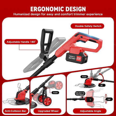 Beast Workhorse 20000 RPM Cordless Weed Wacker With Wheel features ergonomic design, adjustable handle, and safety switch.