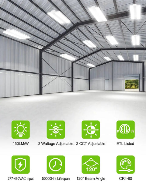 Premium Led Linear High Bay Light Packing Kickin Sixty Thousand Lumens Of Rock Solid Commercial Shop Illumination For Warehouses And Garages Featuring Adjustable Wattage Levels And Tough ETL Industrial Build Quality in a spacious warehouse setting.