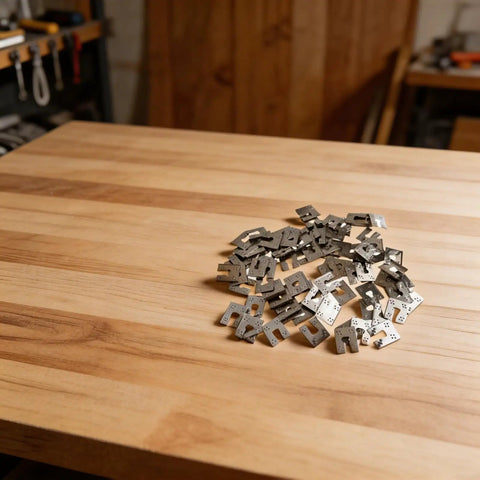 100 Pack Solar Grounding Clips 304 Stainless Steel Conductive Washer Kit in a pile on wooden table surface.