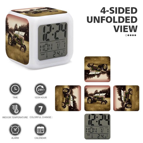Vintage Tractor Photo Farm Alarm Clock With LED Display For Bedroom Digital Clock details showing four-sided design
