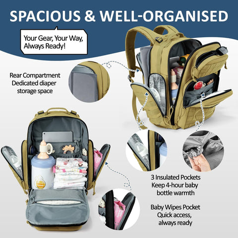 Military Style Diaper Backpack With Large Changing Pad And Insulated Compartments For Active Dads On The Go With Dad Gear For Hiking Travel Camping Army Inspired Tan, showing spacious interior and organizational compartments.