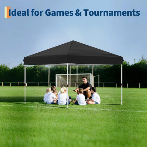 Children under 10x10 Pop Up Canopy Tent With One Button Push Setup Heavy Duty Outdoor Shelter at a soccer field