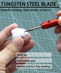 Total Game Changer Scale Model Scribing Tool With Razor Sharp Tungsten Steel Chisel And Premium Enamel Scribing Tapes for Gundam Builders, shown cutting white model part.