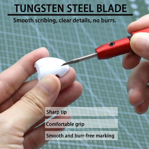 Total Game Changer Scale Model Scribing Tool With Razor Sharp Tungsten Steel Chisel And Premium Enamel Scribing Tapes for Gundam Builders, shown cutting white model part.