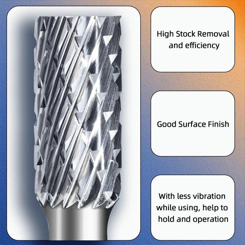 Close-up of SA-3 Double Cut Tungsten Carbide Rotary Burr with 1/4 inch shank, cylindrical design for metal and woodworking