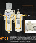 3/8 Inch NPT FRL Air Filter Regulator Lubricator Unit With Semi Auto Drain And Pressure Gauge Oil Water Separator PTFE Tape Included Suitable For Pneumatic Systems 0-150 PSI front view