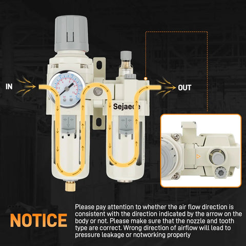 3/8 Inch NPT FRL Air Filter Regulator Lubricator Unit With Semi Auto Drain And Pressure Gauge Oil Water Separator PTFE Tape Included Suitable For Pneumatic Systems 0-150 PSI front view