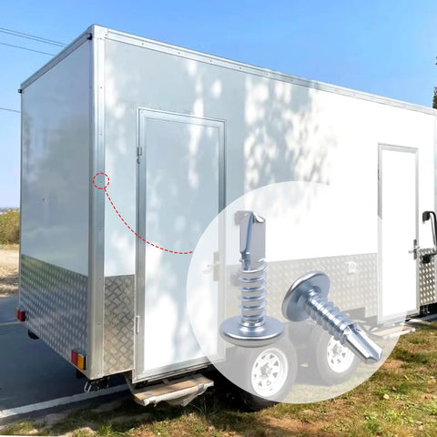 10 X 3/4 Inch Self Tapping Sheet Metal Screws For Enclosed Trailers No Sweat Install Cranks Right In Without Pre Drilling Locks Tight Hold Corrosion Resistant Finish Hardware affixed on a cargo trailer's panel.