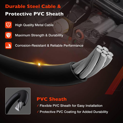 Close-up of Upgraded 340-4990 Remote Brake Bias Adjuster Cable with steel strands and PVC sheath, highlighting durability features.