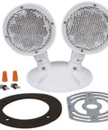 Remote Emergency Light Head With Two 3.6V LED Lamps, Weatherproof White Fixture, High Vis Exit Safety Lighting For Commercial Buildings, 76 Lumen Per Head shown with mounting accessories.