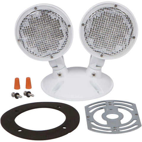 Remote Emergency Light Head With Two 3.6V LED Lamps, Weatherproof White Fixture, High Vis Exit Safety Lighting For Commercial Buildings, 76 Lumen Per Head shown with mounting accessories.