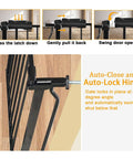 Instructional guide for Extra Wide Baby Gate for Doorways and Stairs, showing auto-close and lock hinge features in black metal.