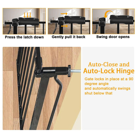 Instructional guide for Extra Wide Baby Gate for Doorways and Stairs, showing auto-close and lock hinge features in black metal.